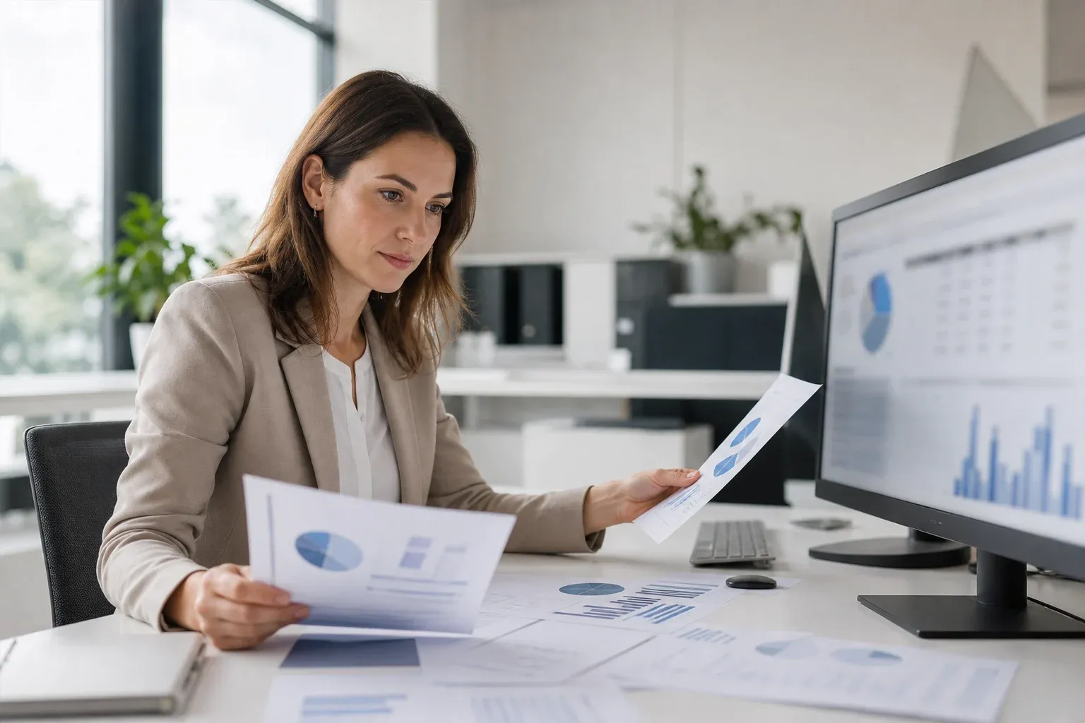 Analystin stellt am Monitor eine Frage an ein Reporting-Dashboard mit Datenbankauswertungen