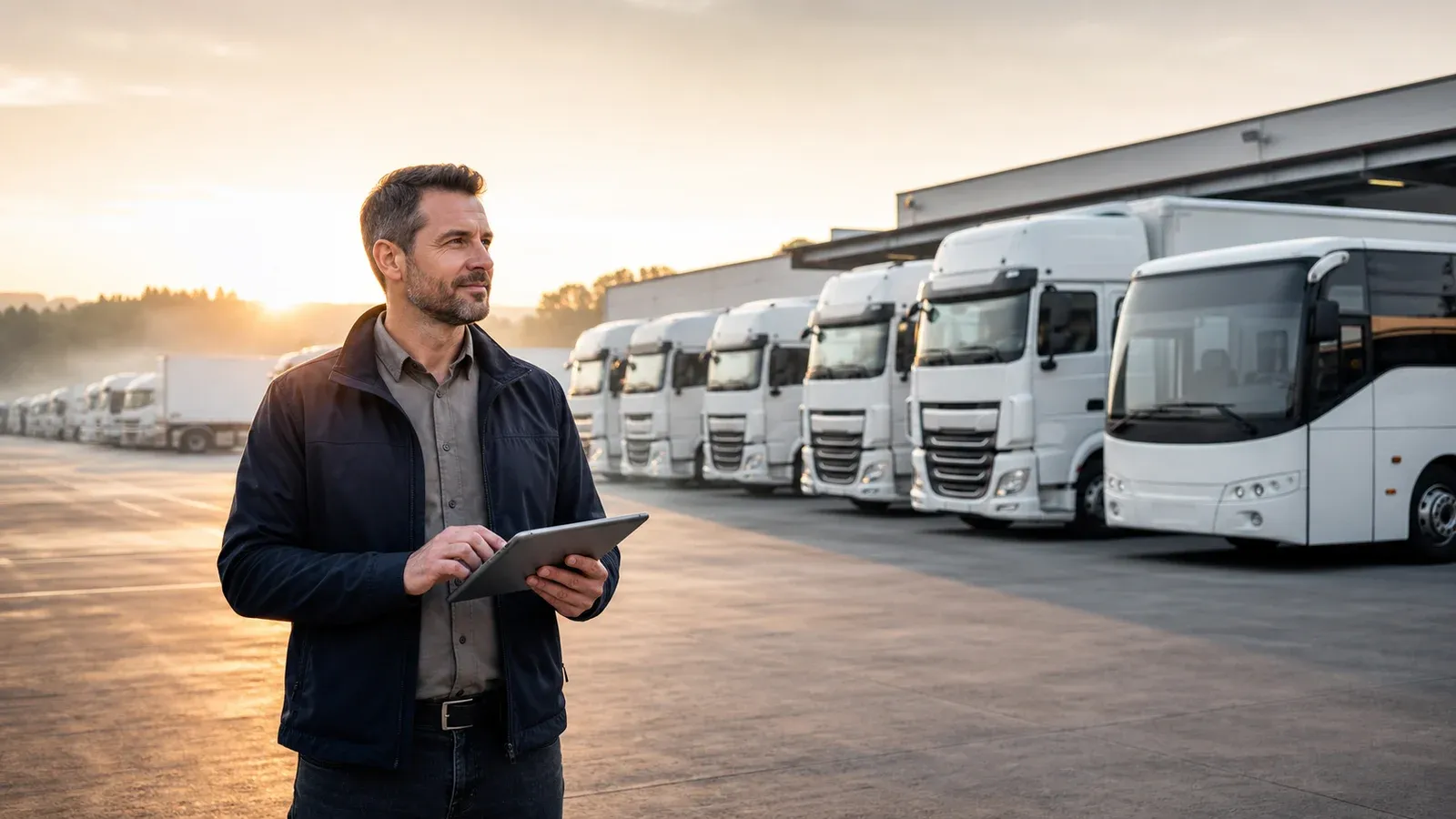 LKW-Depot am Morgen mit Disponent und Tablet im Vordergrund