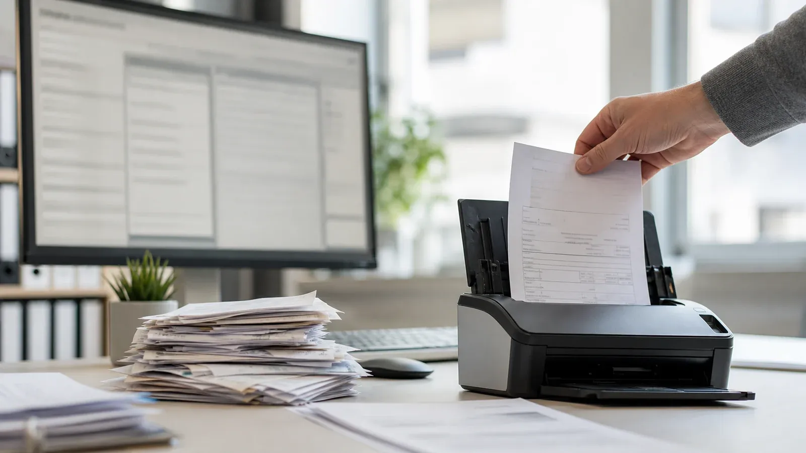 Papierrechnungen neben einem Monitor mit Dokumentenverarbeitung in einem hellen Büro