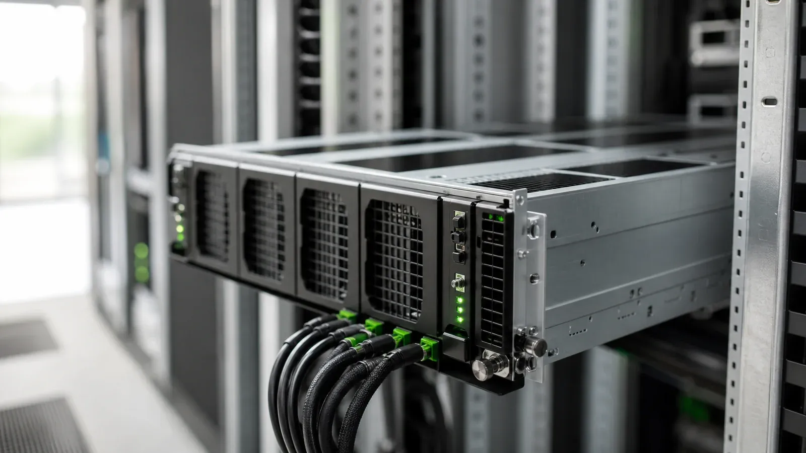 Nahaufnahme von Servern und Netzwerkkabeln in einem Unternehmens-Serverraum