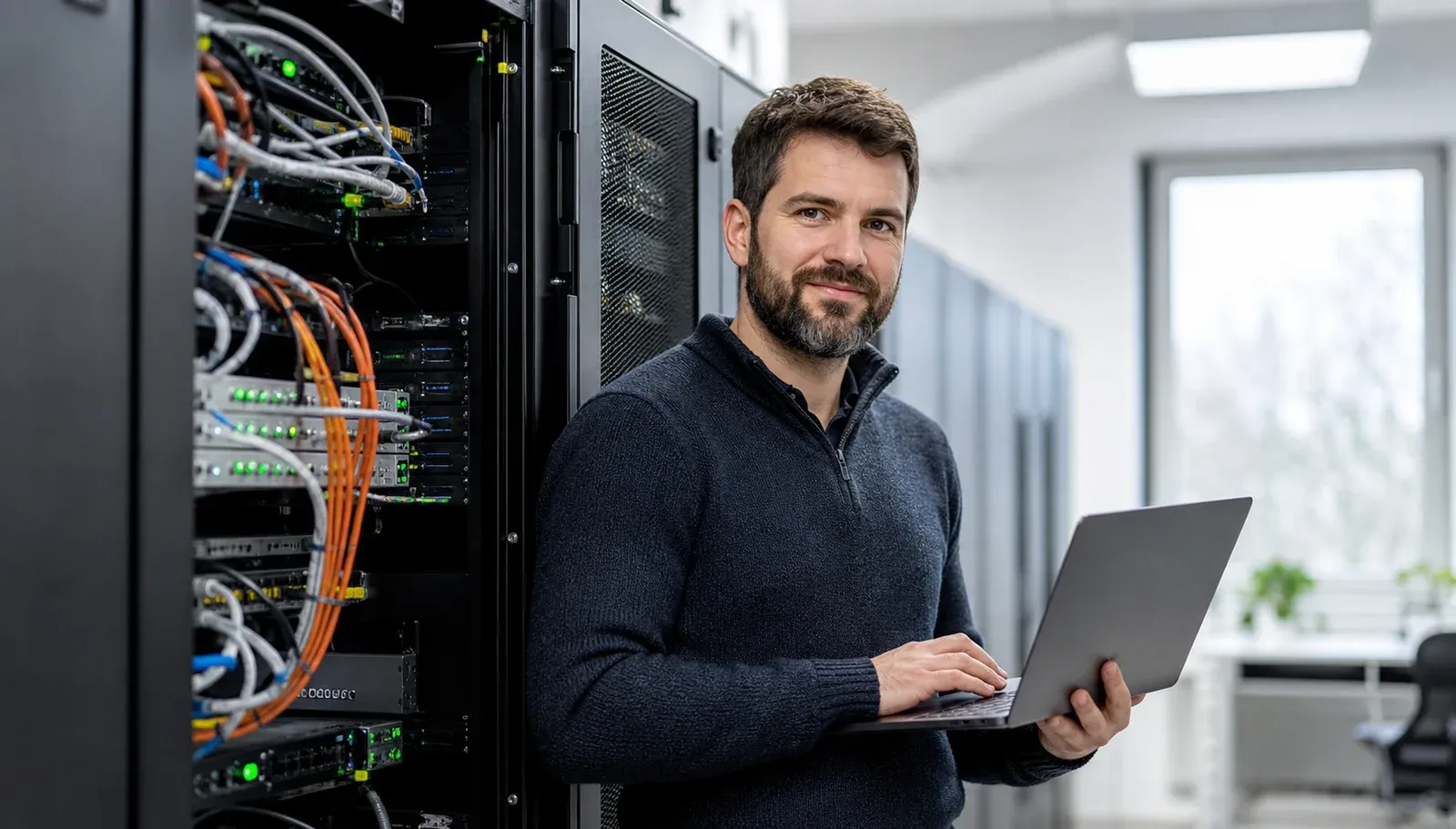Serverschrank mit Netzwerktechnik und Laptop für den Betrieb lokaler KI-Modelle im eigenen Serverraum