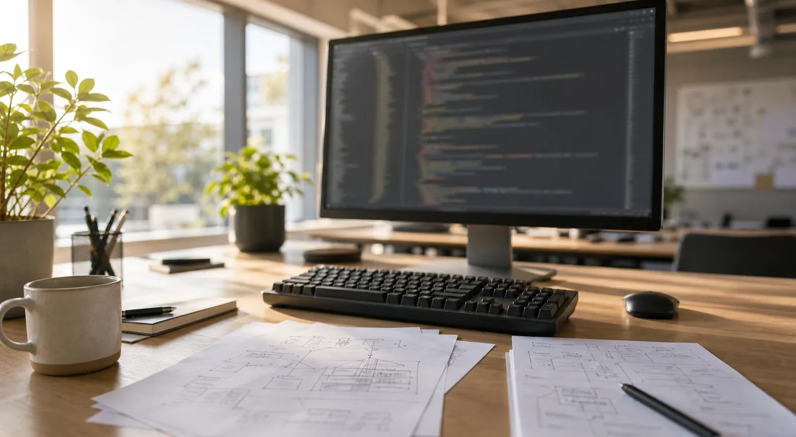Entwicklerarbeitsplatz mit Quellcode und Anwendungsoberfläche auf zwei Monitoren