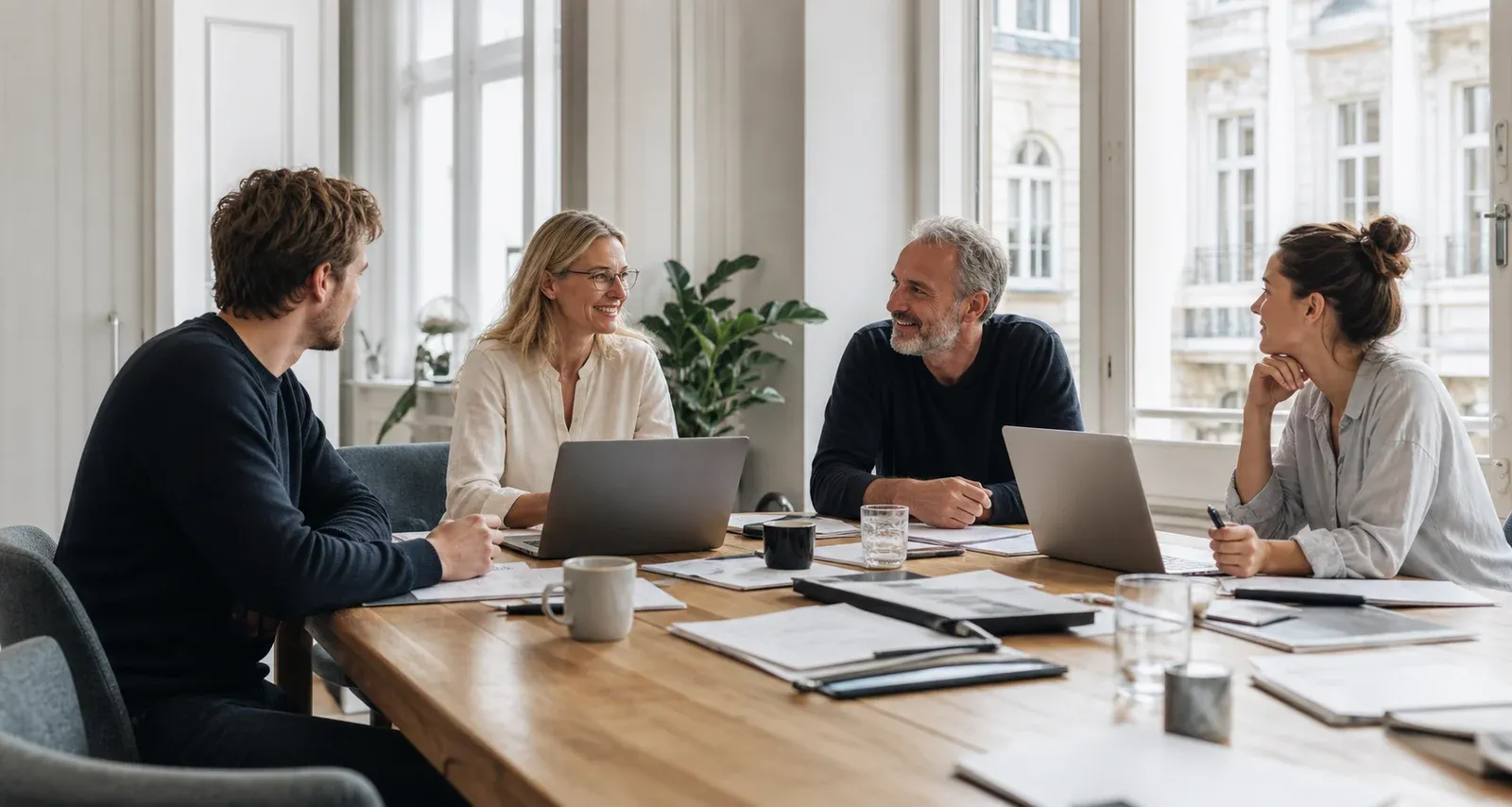 Softwareentwickler arbeitet an zwei Monitoren mit Prozessdiagrammen in einem hellen Büro