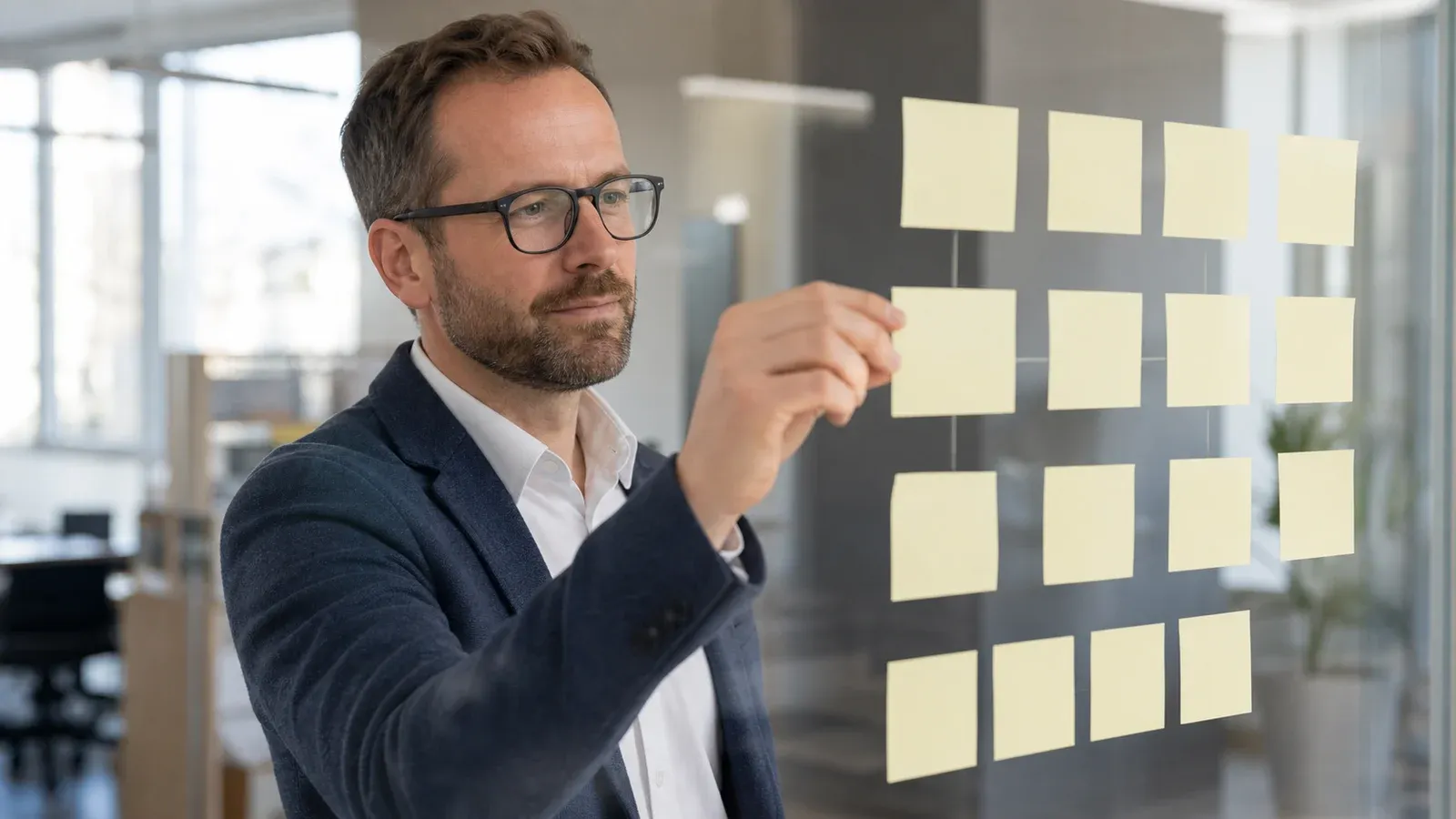 Zwei Personen besprechen am Bildschirm einen Ablaufplan mit verbundenen Prozessschritten